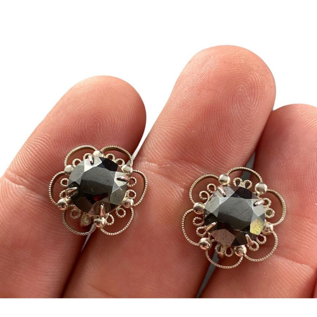Signed Sorrento Sterling Silver & Hematite Clip Earrings Fine Designer